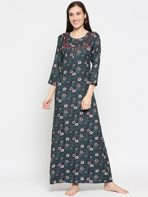

XIN Women Grey Floral Printed Maxi Night Dress