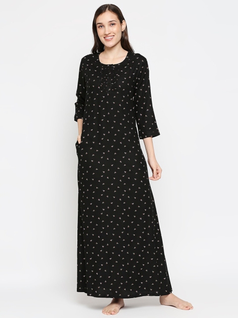 

XIN Black Printed Round Neck Maxi Nightdress