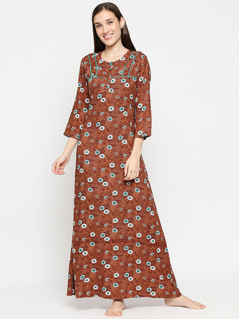 

XIN Brown & Green Floral Printed Maxi Nightdress