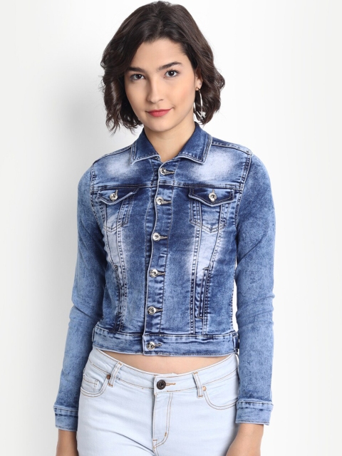 

BROADSTAR Women Blue Washed Crop Cotton Stretchable Denim Jacket