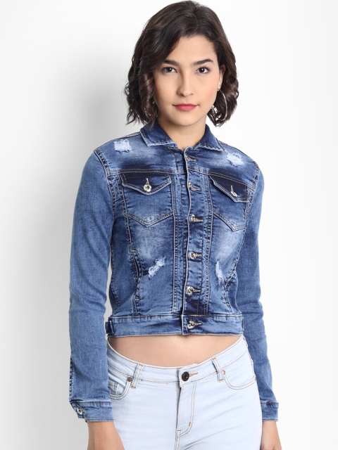 

BROADSTAR Women Blue Washed Crop Cotton Stretchable Denim Jacket