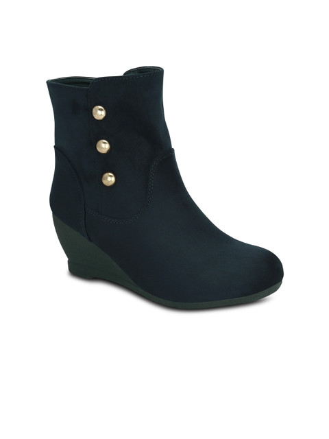 

Get Glamr Women Navy Solid Heeled Boots, Navy blue