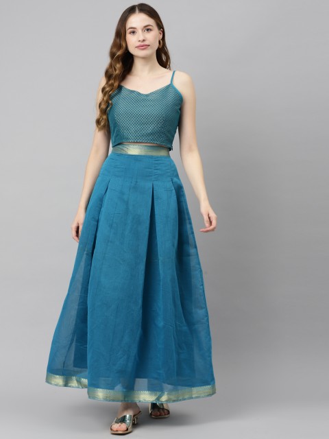 

Purple State Women Blue & Gold-Toned Jacquard Crop Top with Skirt