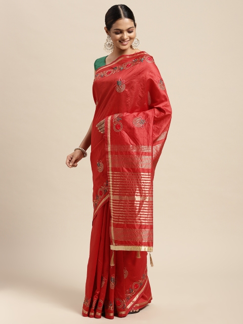 

Mitera Red Floral Beads and Stones Assam Silk Blend Saree