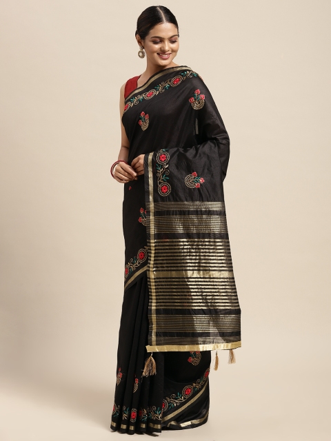 

Mitera Black Floral Beads and Stones Assam Silk Blend Saree