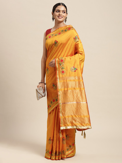 

Mitera Yellow Floral Beads and Stones Assam Silk Blend Saree