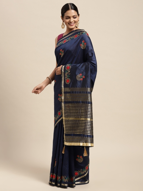 

Mitera Navy Blue Floral Beads and Stones Assam Silk Blend Saree