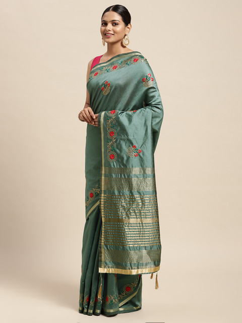 

Mitera Grey Floral Beads and Stones Assam Silk Blend Saree