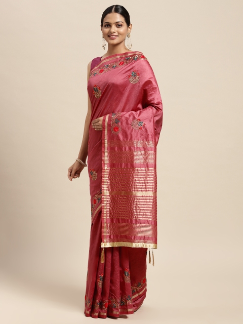 

Mitera Pink Floral Beads and Stones Assam Silk Blend Saree