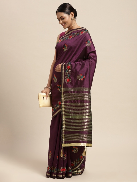 

Mitera Purple Floral Beads and Stones Assam Silk Blend Saree
