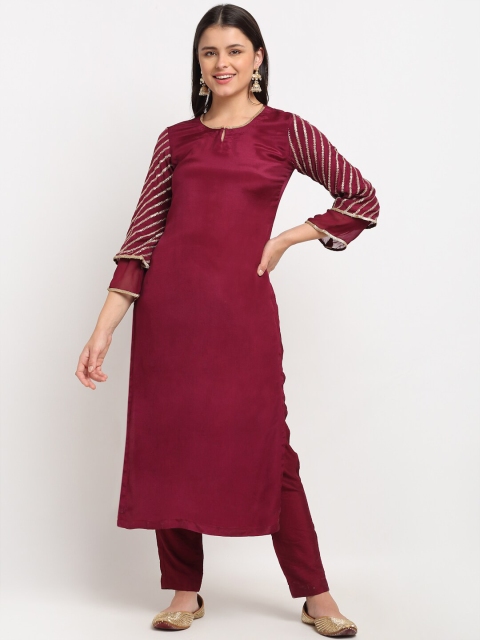 

anokherang Women Burgundy Regular Mukaish Kurta with Churidar