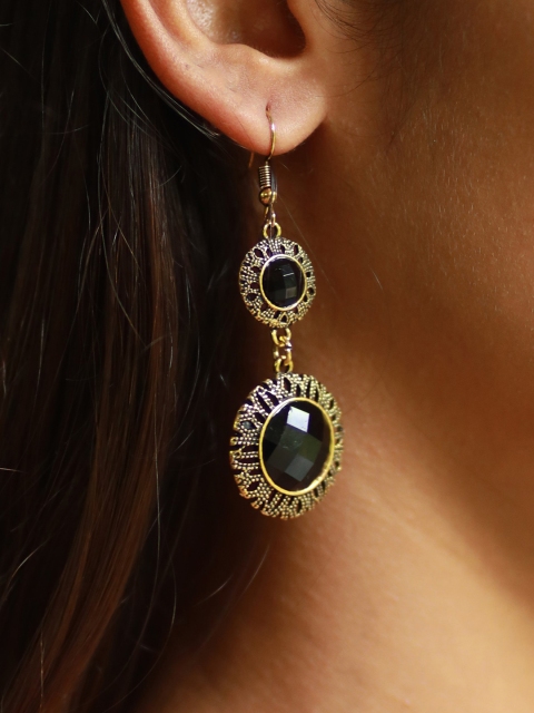 

Ayesha Gold-Plated & Black Ethnic Oxidized Stud Hook Long Earrings