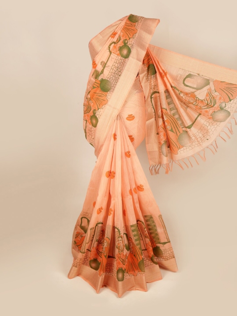 

Pothys Peach-Coloured & Green Floral Pure Cotton Saree