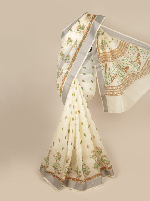 

Pothys Cream-Coloured & Silver-Toned Ethnic Motifs Pure Cotton Saree