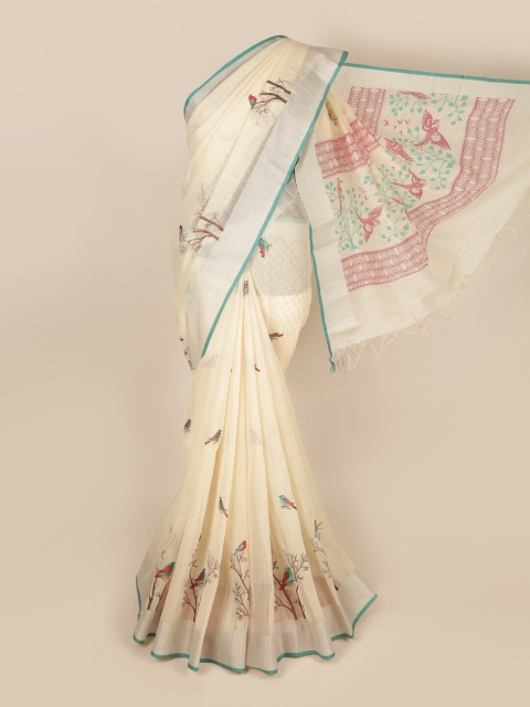 

Pothys Cream-Coloured & Blue Ethnic Motifs Embroidered Pure Cotton Saree