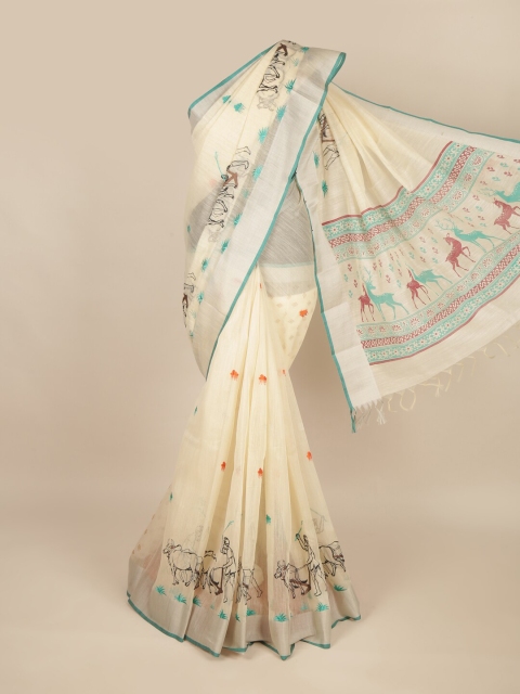 

Pothys Cream-Coloured & Teal Ethnic Motifs Zari Pure Cotton Saree