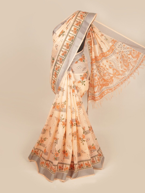 

Pothys Peach & Silver-Toned Floral Pure Cotton Saree