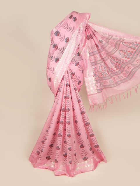 

Pothys Pink & Silver-Toned Floral Pure Cotton Saree