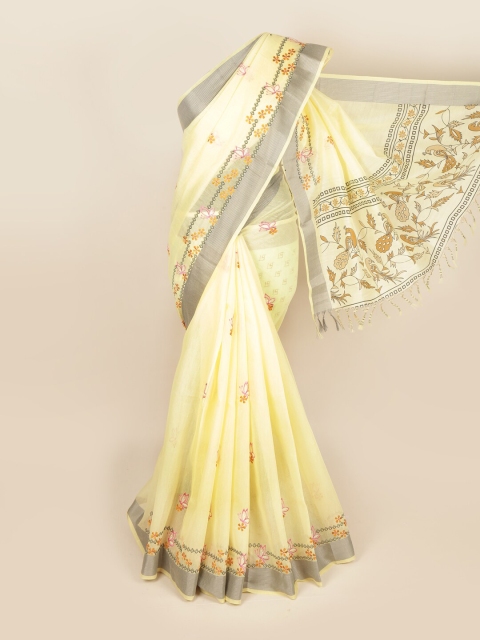 

Pothys Cream-Coloured & Silver-Toned Floral Pure Cotton Saree