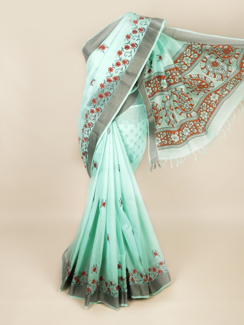 

Pothys Green & Silver-Toned Floral Embroidered Pure Cotton Saree