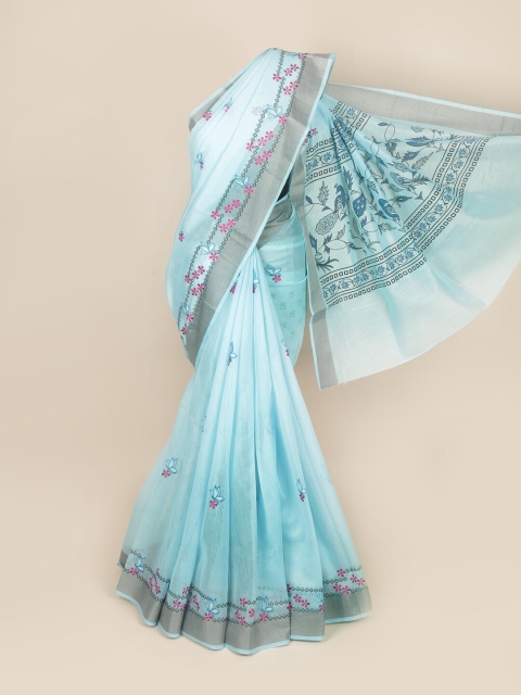 

Pothys Blue & Silver-Toned Floral Pure Cotton Saree
