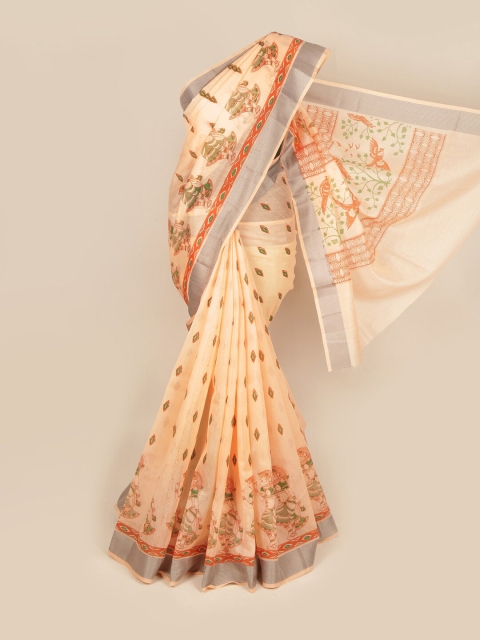 

Pothys Peach-Coloured & Grey Embroidered Pure Cotton Saree