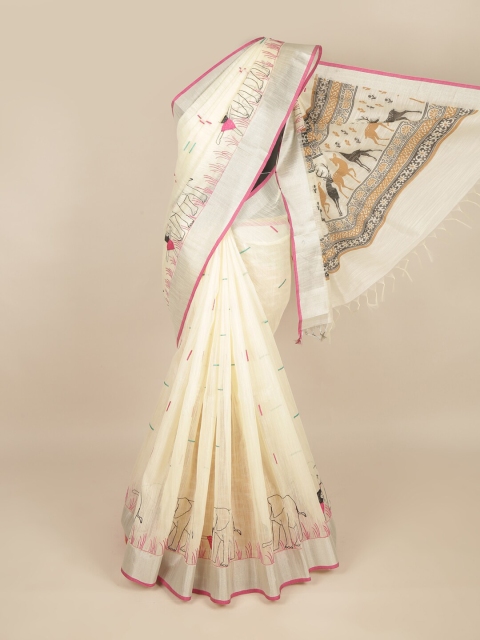 

Pothys Cream-Coloured & Pink Ethnic Motifs Zari Pure Cotton Saree