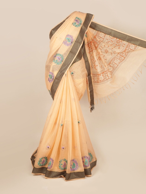 

Pothys Peach-Coloured & Blue Ethnic Motifs Pure Cotton Saree
