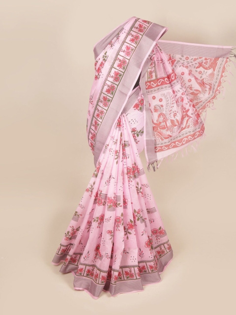 

Pothys Pink & Green Floral Pure Cotton Saree