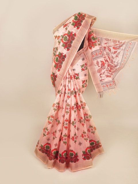 

Pothys Peach-Coloured & Red Ethnic Motifs Printed Zari Pure Cotton Saree