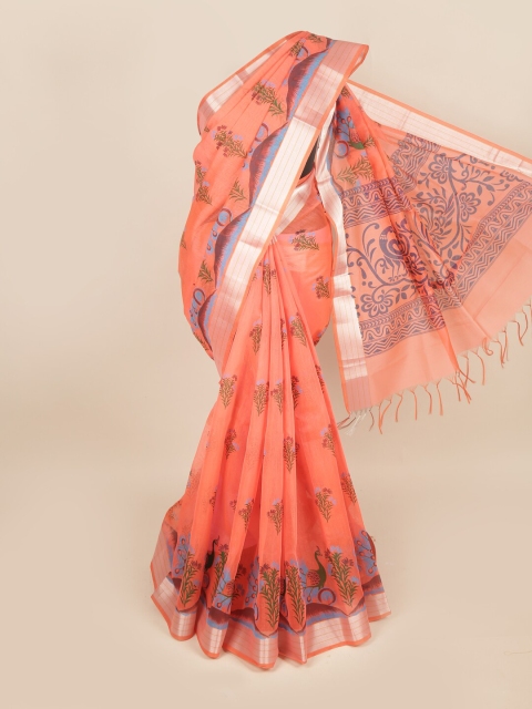 

Pothys Coral & Blue Floral Printed Zari Pure Cotton Saree