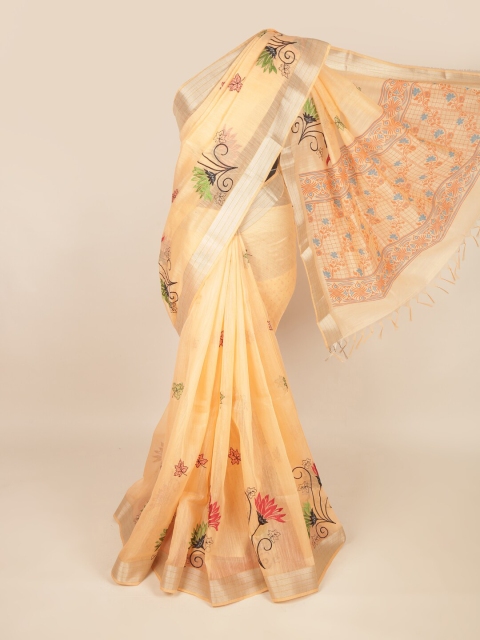 

Pothys Peach-Coloured & Green Floral Zari Pure Cotton Saree