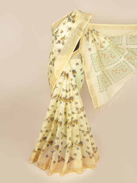 

Pothys Yellow & Purple Floral Printed Zari Pure Cotton Saree