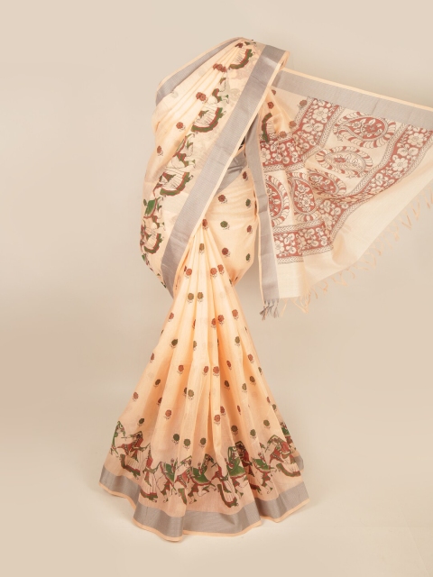 

Pothys Peach-Coloured & Green Floral Printed Zari Pure Cotton Saree