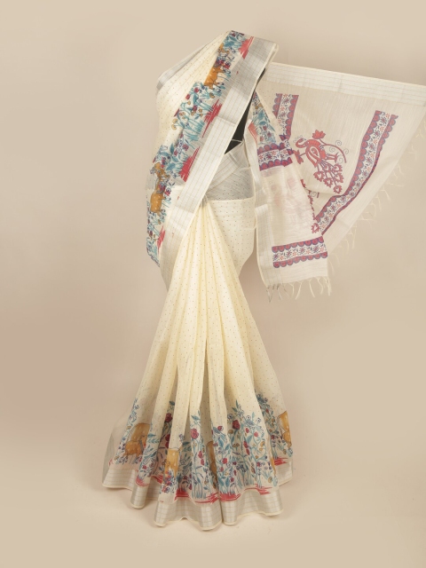 

Pothys Cream-Coloured & Blue Floral Pure Cotton Saree