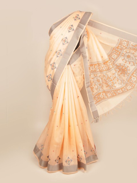

Pothys Peach-Coloured & Silver Ethnic Motifs Pure Cotton Saree