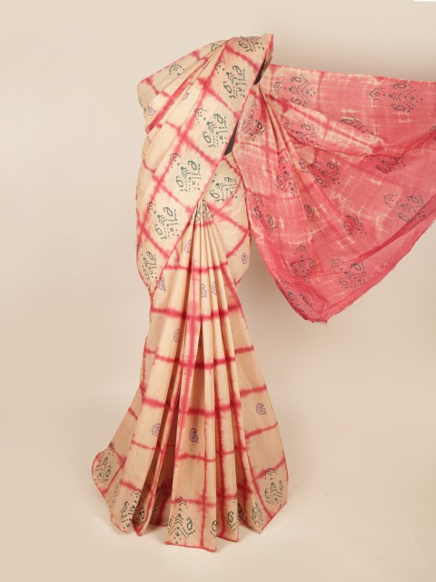 

Pothys Peach-Coloured & Pink Ethnic Motifs Printed Pure Cotton Saree