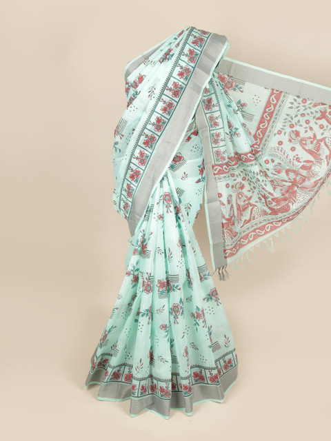 

Pothys Green & Silver-Toned Floral Pure Cotton Saree