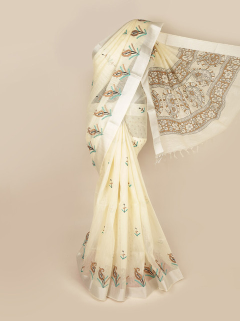 

Pothys Cream-Coloured & Silver-Toned Floral Pure Cotton Saree