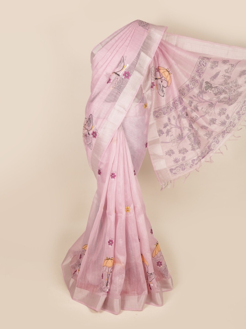 

Pothys Pink & Silver-Toned Floral Pure Cotton Saree