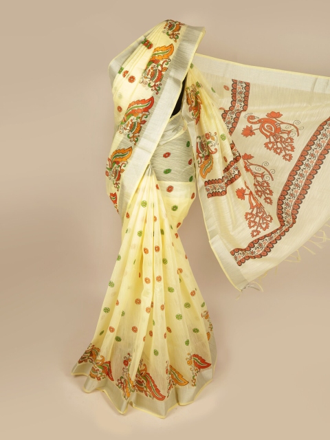 

Pothys Yellow & Silver-Toned Ethnic Motifs Zari Pure Cotton Saree
