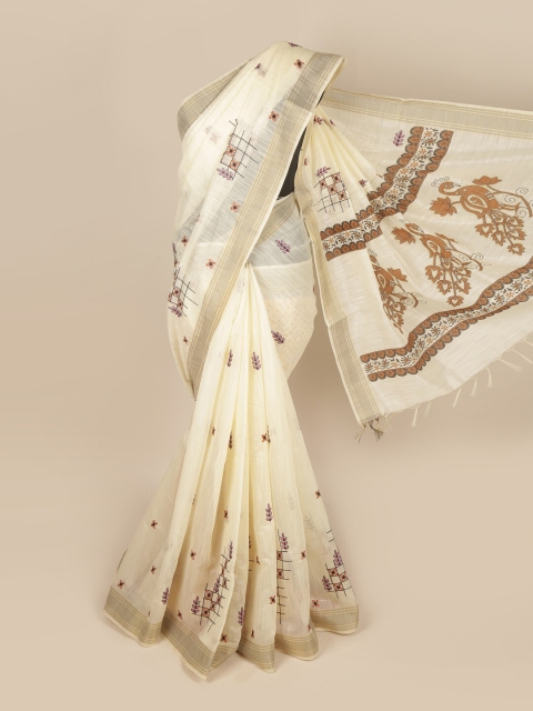 

Pothys Cream-Coloured & Maroon Floral Embroidered Pure Cotton Saree