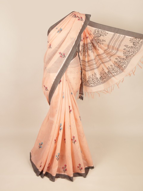 

Pothys Peach-Coloured & Grey Floral Pure Cotton Saree