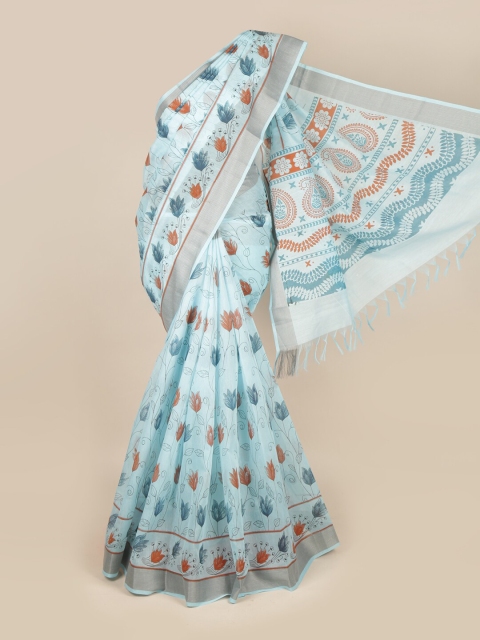 

Pothys Blue & Silver-Toned Floral Zari Pure Cotton Saree