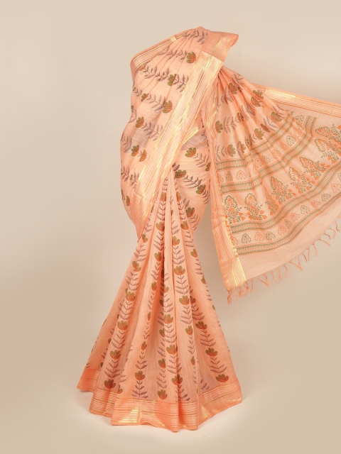 

Pothys Peach-Coloured & Green Floral Pure Cotton Saree