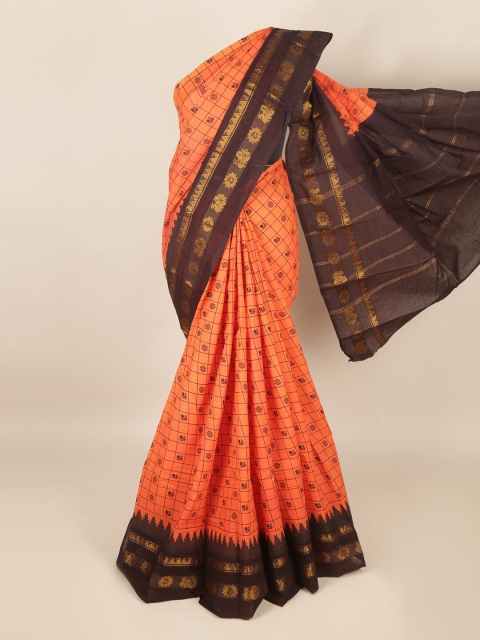 

Pothys Orange & Brown Checked Zari Saree