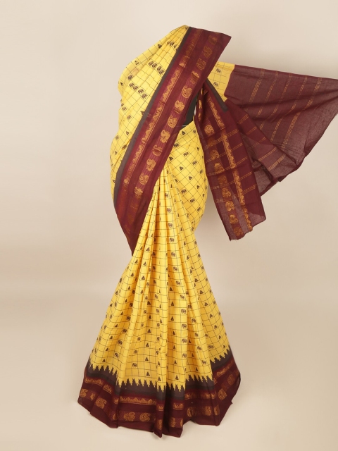 

Pothys Yellow & Maroon Checked Zari Cotton Blend Saree