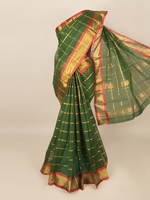 

Pothys Green & Gold-Toned Checked Zari Saree