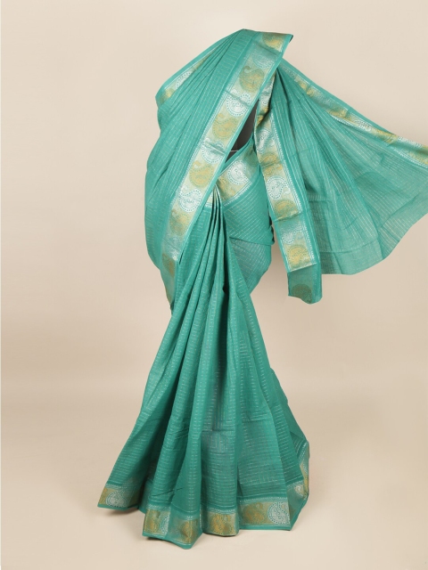 

Pothys Green & Silver-Toned Checked Zari Saree