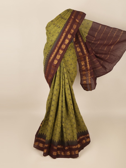 

Pothys Olive Green & Brown Checked Zari Saree